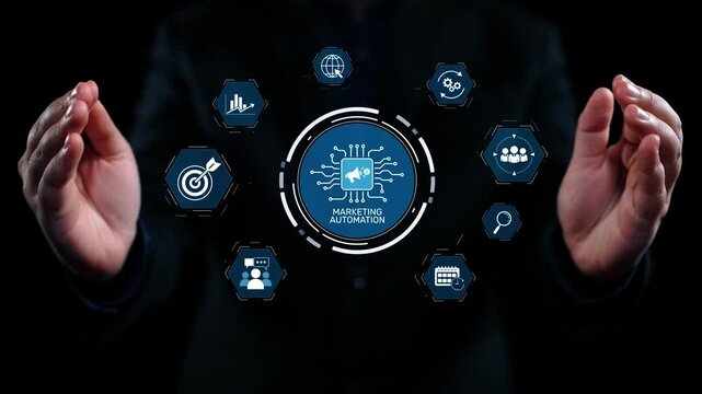 Marketing automation diagram showcase AI-driven campaign workflow, highlight marketing automation, data-driven strategy, marketing automation tools, and market automation process in business. Elide