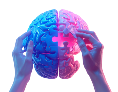 Surreal Brain Puzzle with Blue and Pink Pieces Being Placed by Hand, Transparent PNG