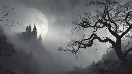 Dark Gothic Halloween Scene with Haunted Castle, Full Moon, and Bats in Misty Landscape