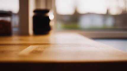 磨き上げられた木製のテーブルの表面。ぼやけたキッチンの窓から差し込む柔らかな朝の光が、温かみのある自然な色合いで、磨き上げられた木製のテーブルをクローズアップで捉えています。ライフスタイル雑誌。