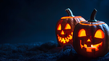 Pumpkins glowing in dark spooky forest, Halloween night atmosphere