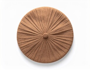 Top Down View of a Round Light Brown Beret Hat on a White Background