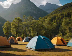 Obraz premium Tourist camp in the mountains, tent in the foreground. Tenting in the mountains.