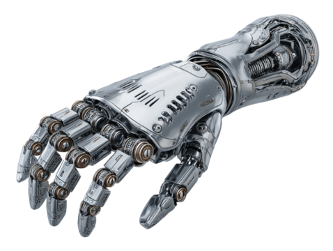 Gesturing robotic hand isolated on white background