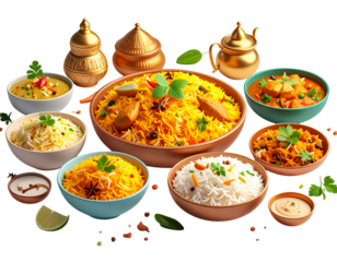 Assorted Asian food on the table with dishes in bowls, for recipe books or restaurant menus