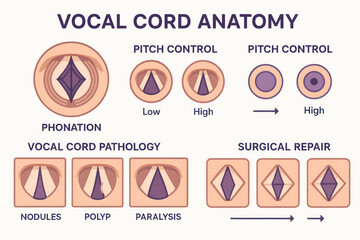 Detailed illustration of vocal cord anatomy, pathology, and surgical repair.
