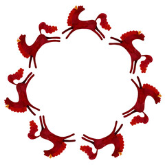 Watercolor running red horse wreath. Round frame of stylized horses on white background.