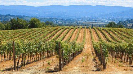 Obraz premium ブドウ園。自然光の下、整然と並んだブドウの木々が、静寂と成長を想起させる、穏やかなブドウ園の風景。旅行雑誌。
