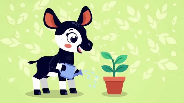 Animated Okapi Watering Plant in a Pot with Leafy Green Background