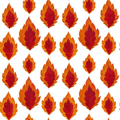 Watercolor red and orange fire seamless pattern. Stylized fire elements on white background.