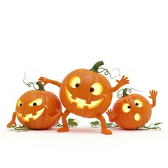 Three cartoon pumpkins with faces on a white background