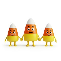 Three candy corn figures holding hands on a white background