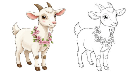 Fototapeta premium Charming Goat with a Plum Blossom Garland Lunar New Year Coloring Page