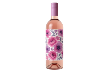 Rose wine bottle with floral label isolated on transparent background