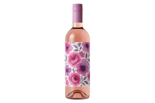 Rose wine bottle with floral label isolated on transparent background