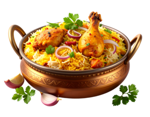 Rice dish with chicken being served in a pot, garnished, for menu/food blog on a transparent background