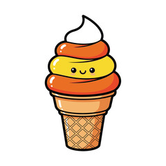 Adorable Cartoon Ice Cream Cone with Candy Corn Colors and Smiling Face.