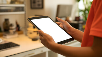Person holding a digital tablet device with a blank screen for your app or website design