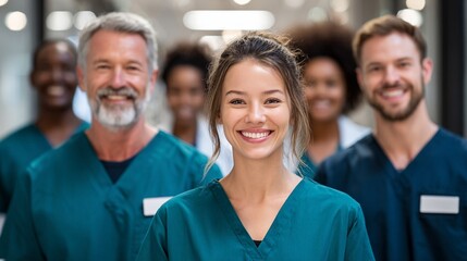 Medical team portrait smiling healthcare professionals in scrubs hospital staff