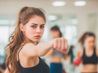 Woman practicing boxing workout fitness training self defense martial arts gym class