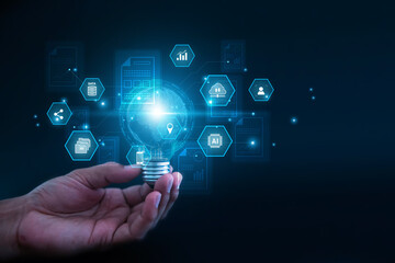 Digital transformation concepts hand touch visual digital data on cloud computing management for technology transformation and ai analysis smart system solution.