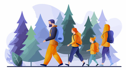 Family hiking through forest