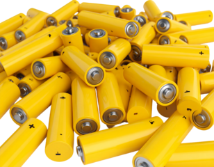 Yellow batteries piled, scattered, studio backdrop, energy source, power storage, electricity concept