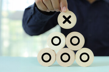 Hand choose X on O icons for check mark cross or true or false changing mindset or way of adapting to change leader and transform quiz answer and poll concept.