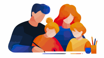 Family illustration parents and children studying together