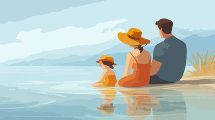 Family relaxing by lakeside