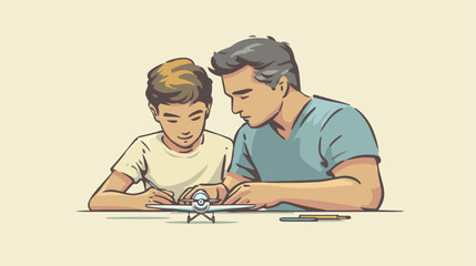 Father and son building model airplane