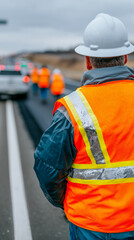A construction worker wearing a white hard hat and orange safety vest stands on the roadside, observing a crew working ahead. The scene depicts a roadwork project with safety.