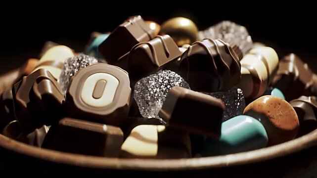 Close-up shot of assorted chocolates in a wooden bowl, showcasing various shapes and textures.