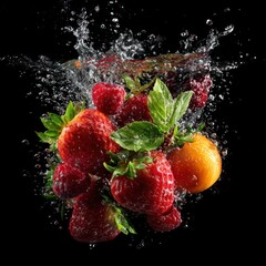vitamins fruits with leaves splashing into water