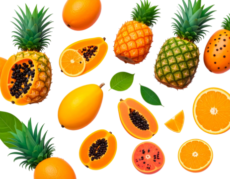 Colorful fruit medley.  Slices of orange, papaya, pineapple, mango
