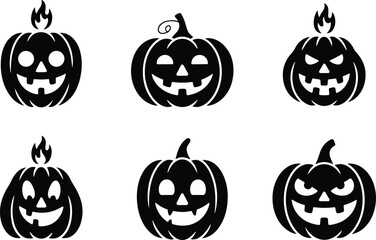 Obraz premium Halloween pumpkin silhouettes set, spooky carved jack-o’-lantern faces, vector illustration, scary and cute pumpkins, perfect for Halloween decorations, party 