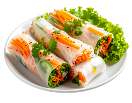 Spring rolls, fresh ingredients, white plate, studio shot, food photography for Asian restaurant menu