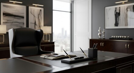 Executive office interior featuring a large desk and luxurious chair