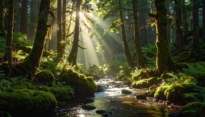 Sunlight streams through forest and river.