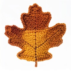 Crocheted Autumn Maple Leaf in Gradient Brown and Yellow on White Background