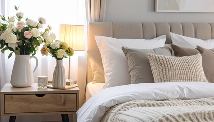 Bedroom with flowers with bed, and and nightstand.