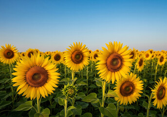 Fototapeta premium Beautiful Sunflowers in a Field with a Clear Blue Sky