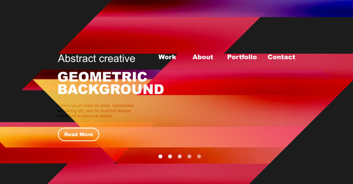 Modern website mockup. Vibrant geometric shapes dominate design. Navigation includes work, about, portfolio, contact sections. Text area visible.