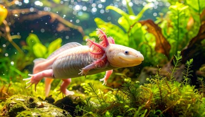 Axolotl amphibian in aquarium.