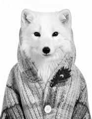 Naklejka premium White Fox with Brown Eyes Wearing Gray Knitted Cardigan on White Background