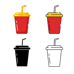 Set Icon a Cup Soda Drink in Outline, Silhouette, Linear and Filled Color Style Vector Isolated Design