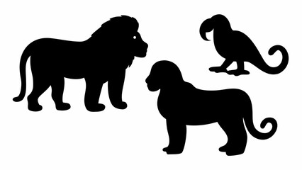 Obraz premium Silhouette illustration featuring a lion a cub and a parrot in a simple black and white design style