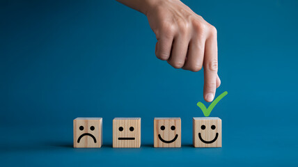 Customer feedback success concept with smiling wooden blocks and checkmark for satisfaction