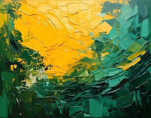 Fototapeta premium Abstract landscape painting with vibrant yellow and green