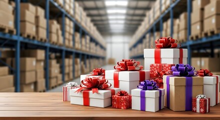 Warehouse filled with Holiday gifts packages, wallpaper, representing the peak season in logistics and distribution, background